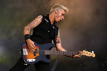 Green Day'in bas gitaristi Mike Dirnt, Nürnberg'deki 2013 Rock im Park sırasında grubuyla birlikte performans sergilerken; 9 Haziran 2013. (Üreten:Sven-Sebastian Sajak)