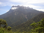 Mountain with a rocky top and forested slopes. There is a narrow high waterfall on one side of the mountain slope.