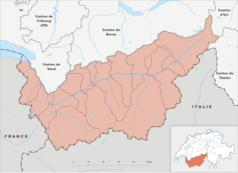 Mapa konturowa Valais, na dole po lewej znajduje się punkt z opisem „Val Ferret”