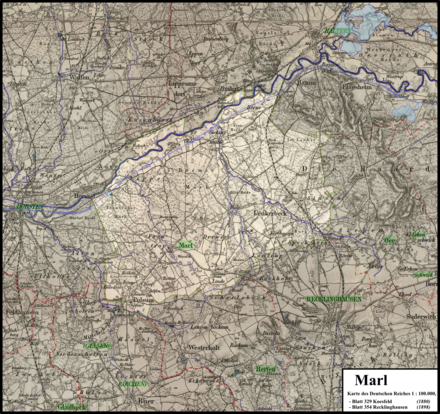 Karte des Deutschen Reiches 1 : 100.000 des heutigen Marler Gebietes Ende des 19. Jahrhunderts; größere Teile der ehemaligen Gemeinde Recklinghausen-Land kamen erst 1926 zum Stadtgebiet, Polsum und die inzwischen an Marl herangewachsene Westhälfte von Hamm erst 1975