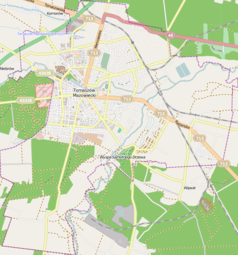 Mapa konturowa Tomaszowa Mazowieckiego, u góry nieco na prawo znajduje się punkt z opisem „Zakłady Włókien Chemicznych „Wistom” Spółka Akcyjna”