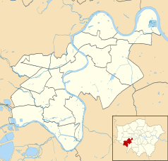 Mapa konturowa gminy Richmond upon Thames, blisko centrum na lewo znajduje się punkt z opisem „Twickenham”