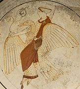 Aphrodite sur son cygne, kylix à fond blanc de Rhodes, v. 460 av. J.-C. British Museum.