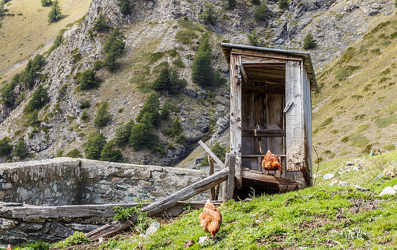 File:Boerderij Arpisson (2327m.) boven Gimillan in Cogne Valley (Italië). Vervallen schijthuisje (toilet) boven open gierkelder 01.jpg