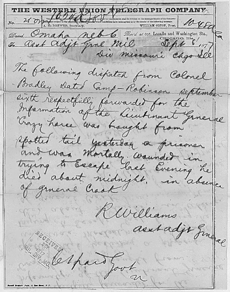 File:Telegram from Colonel Bradley to Lieutenant General Philip Sheridan Reporting the Arrest and Death of Crazy Horse - NARA - 301974 (page 2).gif