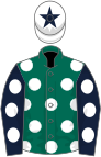 Green, white spots, royal blue sleeves, white spots, white cap, royal blue star