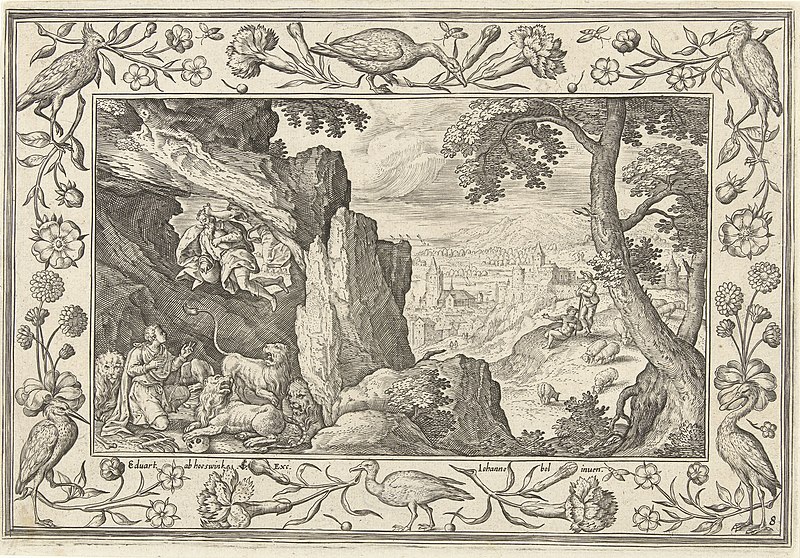 File:Daniël in de leeuwenkuil Landschappen met Bijbelse, mythologische scènes en jachttaferelen (serietitel), RP-P-1889-A-14904.jpg