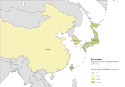 Densité du réseau LGV. Est Asiatique (vitesse ≥ 250 km/h). En km par million d'habitants (2010).
