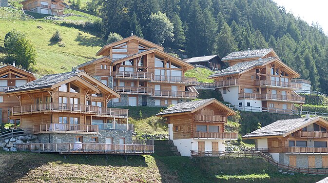 Lots of balconies on these new chalets in Haute-Nendaz, Canton Valais, Switzerland