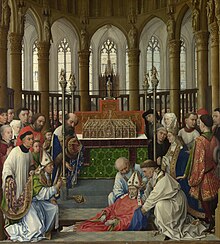 Rogier van der Weyden, L'esumazione di San Uberto (fine anni 1430), National Gallery, Londra. Questo dipinto ci da un'idea dell'aspetto dell'interno delle chiese prima delle ondate iconoclaste.