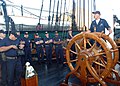 Barre à roue en bois sur un vieux gréement : USS Constitution.