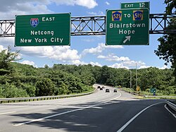 Signage indicating exit for Hope Township from Interstate 80 eastbound