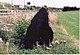 Brown triangular stone at edge of grassy field near fence and bank of motorway