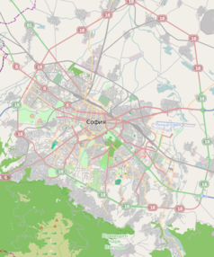 Mapa konturowa Sofii, blisko centrum na prawo znajduje się punkt z opisem „Arena Armeec Sofia”