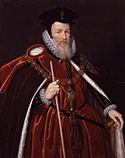 A full-color portrait of William Cecil. Ceclil is wearing orange robes and a large black hat. He is facing toward the camera's right, holding a white cane in his right hand and holding his cape open with his left.