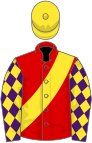 Red, yellow sash, purple sleeves, yellow diamond, yellow cap