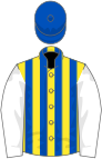 Yellow and light blue stripes, white sleeves, light blue cap