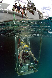 Two divers wearing lightweight demand helmets stand back-to-back on an underwater platform holding on to the railings. The photo also shows the support vessel above the surface in the background.