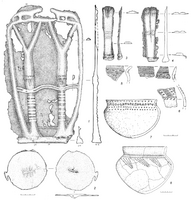 Itkul culture artifacts: 1 to 4-Kuganak hoard 5 to 6-Akberdino 3 settlement 7-Elder Shipovo burial ground 8-Kasianov hillfort (1-4 bronze; 5-8 ceramics)