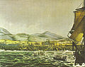Español: Barco ruso "Rurik" ancla en Isla de Pascua, 1816 English: Russian Ship "Rurik sets anchor on Easter Island", 1816