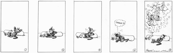 In a five-panel cartoon strip, a cat and a mouse are sleeping. The cat awakens and kisses the mouse, and the mouse dreams of cupids.