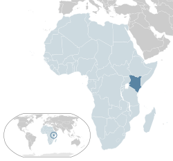  कीनिया  (गहरा नीला) की अवस्थिति – अफ़्रीका  (हल्का नीला & गहरा धूसर) में – अफ्रीकी संघ  (हल्का नीला) में