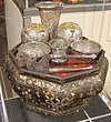 Betel nut preparation kit (tepak sireh) made from wood inlaid with silver, gold, and mother of pearl from Malaysia (early 20th century)