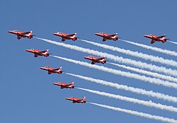 Nine BAE Hawks of the UK Red Arrows at the 2018 RIAT, England.jpg