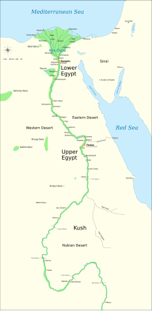 Map of Egypt centered on the Nile valley, with the main ancient settlements marked out.