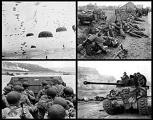 למעלה מימין: חיילים בריטים בהולנד, 1944. למעלה משמאל: צנחנים במבצע מרקט גארדן, הולנד 1944. למטה מימין: טנק שרמן פיירפליי בבלגיה, 1944. למטה משמאל: חיילים אמריקאים בפלישה לנורמנדי, 1944.