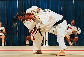 Anthony Clarke and Fermin Campos Ariza competing in the Men's Up To 95kg semi-final at the 1996 Summer Paralympic Games in Atlanta.