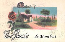 Carte postale naïve représentant un bâtiment avec la légende « Une pensée de Montbert ».