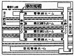 事故現場図解 現在とは大きく異なり、京成線ホームが多層化しておらず、京浜東北線・山手線が分離されず東北本線にもホームが存在した。