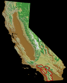 Endemic range of Symphyotrichum defoliatum in California outlined in red: San Gabriel Mountains, San Bernardino Mountains, and Peninsular Ranges.