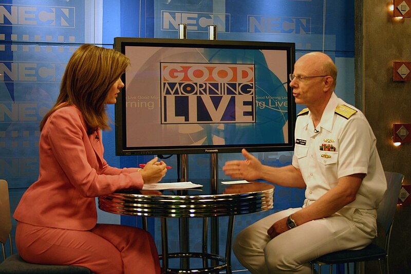 File:US Navy 070702-N-8110K-002 New England Cable News television anchor, Karen Meyers speaks to Commander, Naval Sea Systems Command, Vice Adm. Paul Sullivan about the Navy's role in the global war on terrorism.jpg