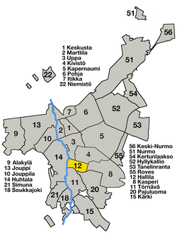 Kaupungin kartta, jossa Hallila korostettuna.