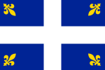 A rectangular flag with a blue background divided into quadrants by thick white lines. Each quadrant has a small gold fleur-de-lis near the outer corner with the top pointed in toward the center.