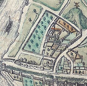 Plan de l'abbaye Saint-Victor de Paris. Extrait du Civitates Orbis Terrarum publié à Cologne en 1572 : on y aperçoit le « moulin de la Tournelle » sur la « butte Coypeau ».