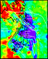 Esempio di mappa gravimetrica. Le anomalie in blu rappresentano sedimenti di bacino (meno densi), mentre i colori verso il rosso rappresentano rocce vulcaniche basaltiche ad alta densità situate a bassa profondità o affioranti.