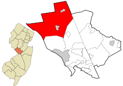 Location of Hopewell Township in Mercer County highlighted in red (right). Inset map: Location of Mercer County in New Jersey highlighted in orange (left).