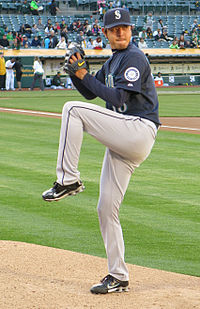 Hisashi Iwakuma i Seattle Mariners dräkt 2013.