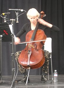 Jeanrenaud, seated, playing cello, with electronics