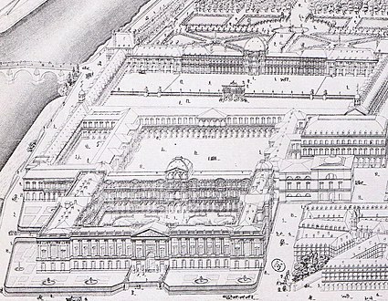 Percier and Fontaine's perspective of the proposed Louvre viewed from the east (c. 1809). Inspiration for the later Visconti work.