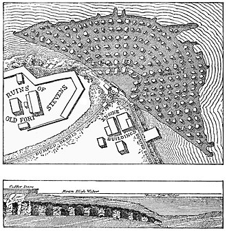 Two 1880s drawings of a large, underwater excavation