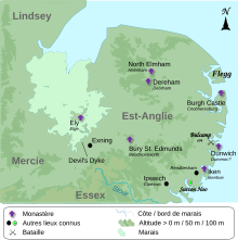 Carte topographique de l'Est-Anglie avec quelques lieux importants.