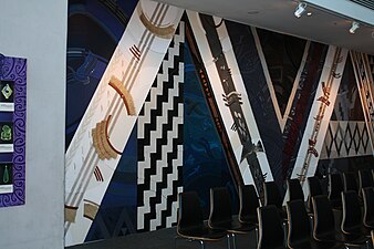 Tukutuku [woven panels] on the walls. Made by students of Toi Haukura.[3]