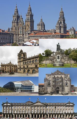 De cima para baixo e da esquerda para a direita: 1) Catedral de Santiago vista de sudoeste (lado da Fachada do Obradoiro; 2) Praça de Praterías; 3) Parque Alameda; 4) Cidade da Cultura da Galiza; 5) Igreja do Mosteiro de São Martinho Pinário; 6) Paço de Raxoi