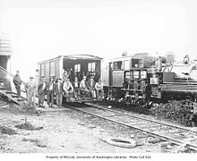 Loggers with transport car, 1928.jpg