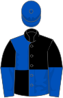 Blue, black quartered, blue sleeves, black halved, blue cap