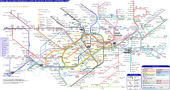 Transit map, a schematic map (i.e. not drawn to scale, stations are equidistant, lines are drawn at 45 and 90-degree angles)